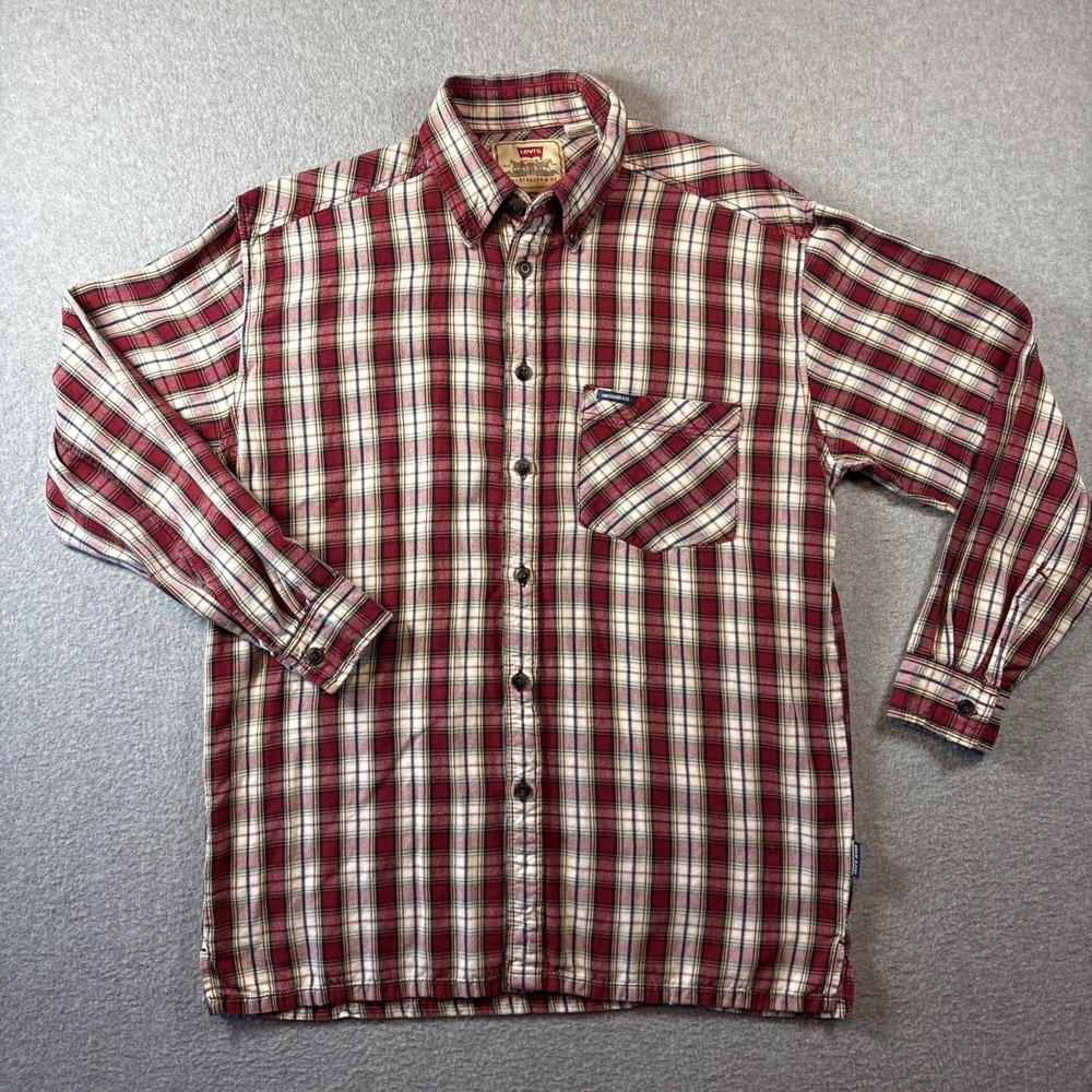 VTG LEVIS Men's Red Plaid Flannel Blue Tab Sz M 90s Y2K 100% Cotton Button Down